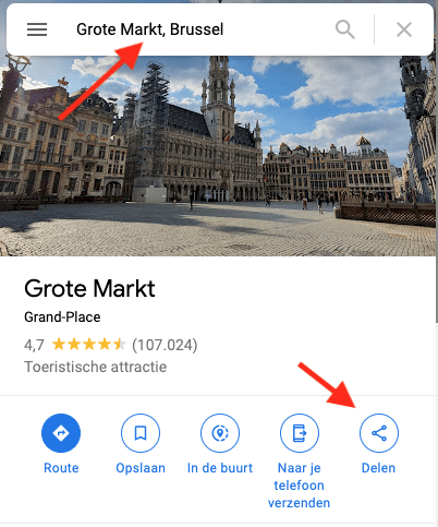 Surf naar Google Maps, typ het adres in waar het kaartje naar moet verwijzen en klik op "Delen"