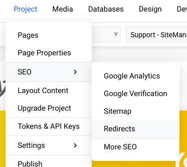 Stel redirects in voor je website via de project menu bovenaan het dashboard.