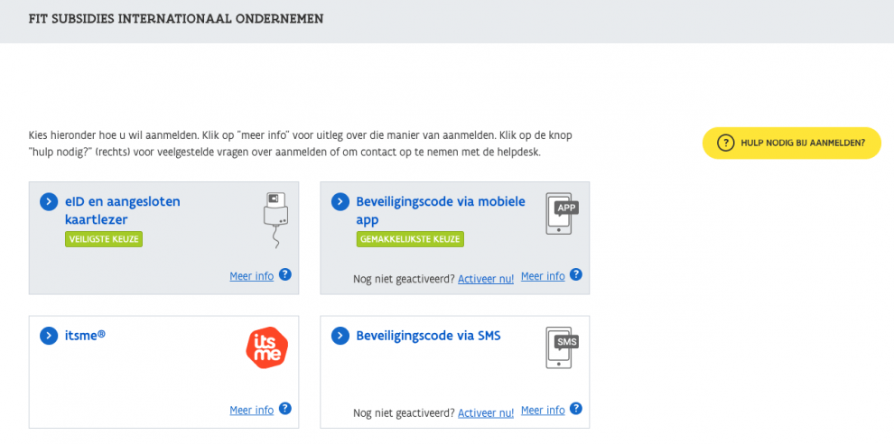 Kies een inlogmethode om een FIT subsidie voor je website aan te vragen.