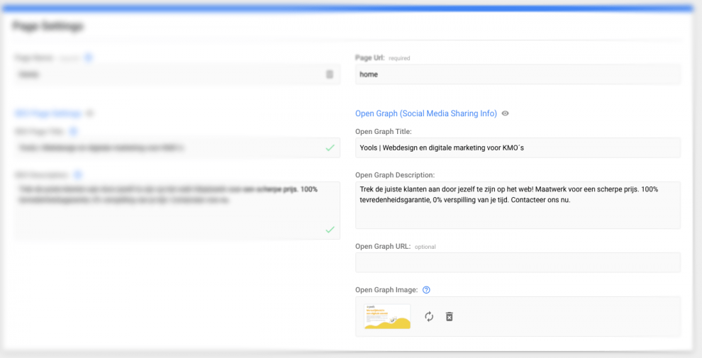 Vul de Open Graph van je website pagina aan. Dit is een soort van "kaartje" met een foto die verschijnt zodra je jouw website pagina deelt op je social media.