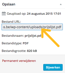 Kopieer de link van een document op je WordPress website.